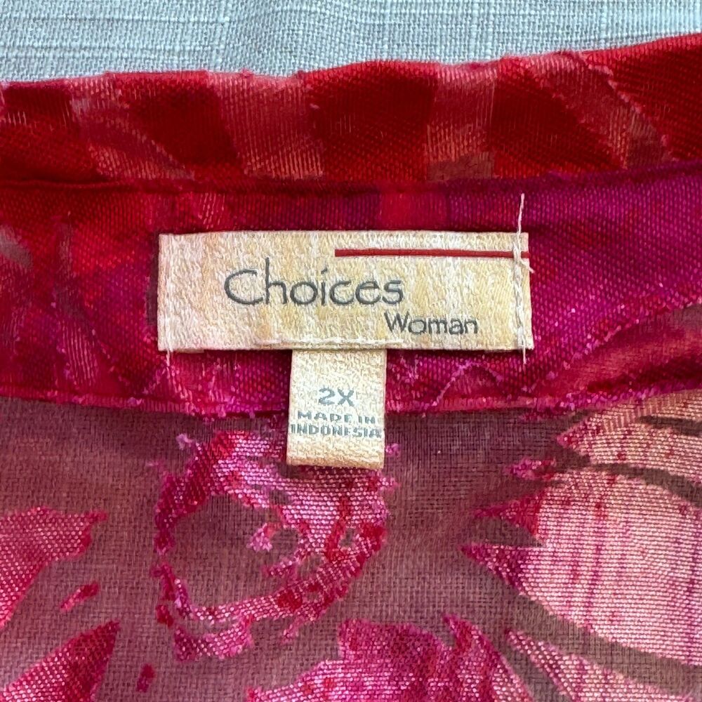 Choices Woman Blouse Women's 2X Red Pink Orange Sheer Resort Button Shirt - Picture 3 of 8